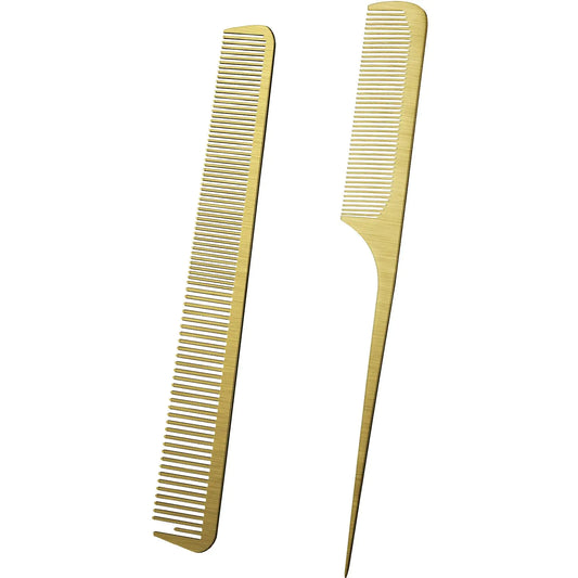 Boao 2 Pieces Metal Tail Combs Rat Tail Hair Combs Fine Cutting Comb Teasing Pintail Barber Comb Stainless Steel Hair Styling Cutting Comb(Gold)