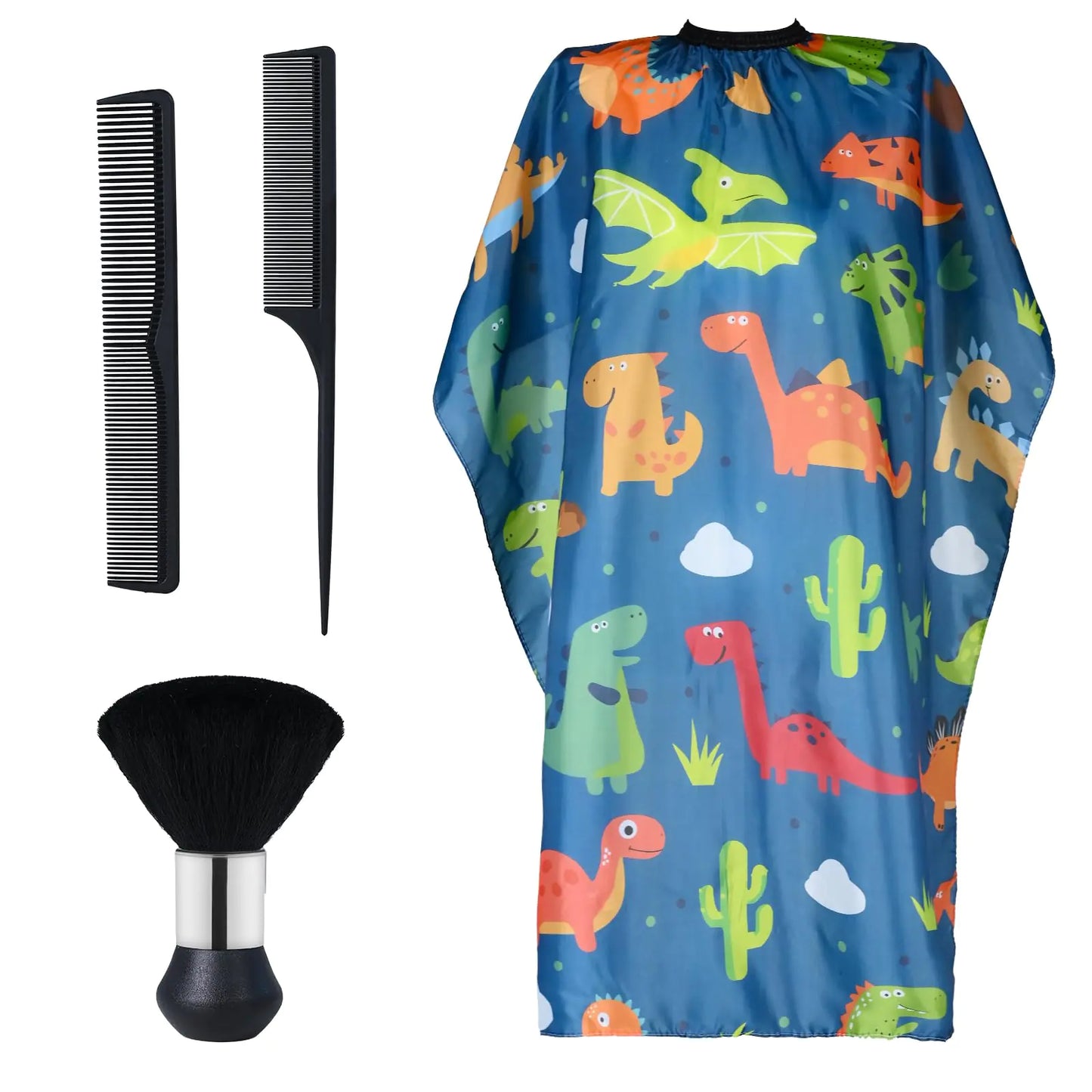 Yafeco Kids Barber Cape and Neck Duster Brush Hair Comb SetToddler Hair Cutting Cape with Adjustable Closure Barber Cape (Dinosaur 4 Piece Set)