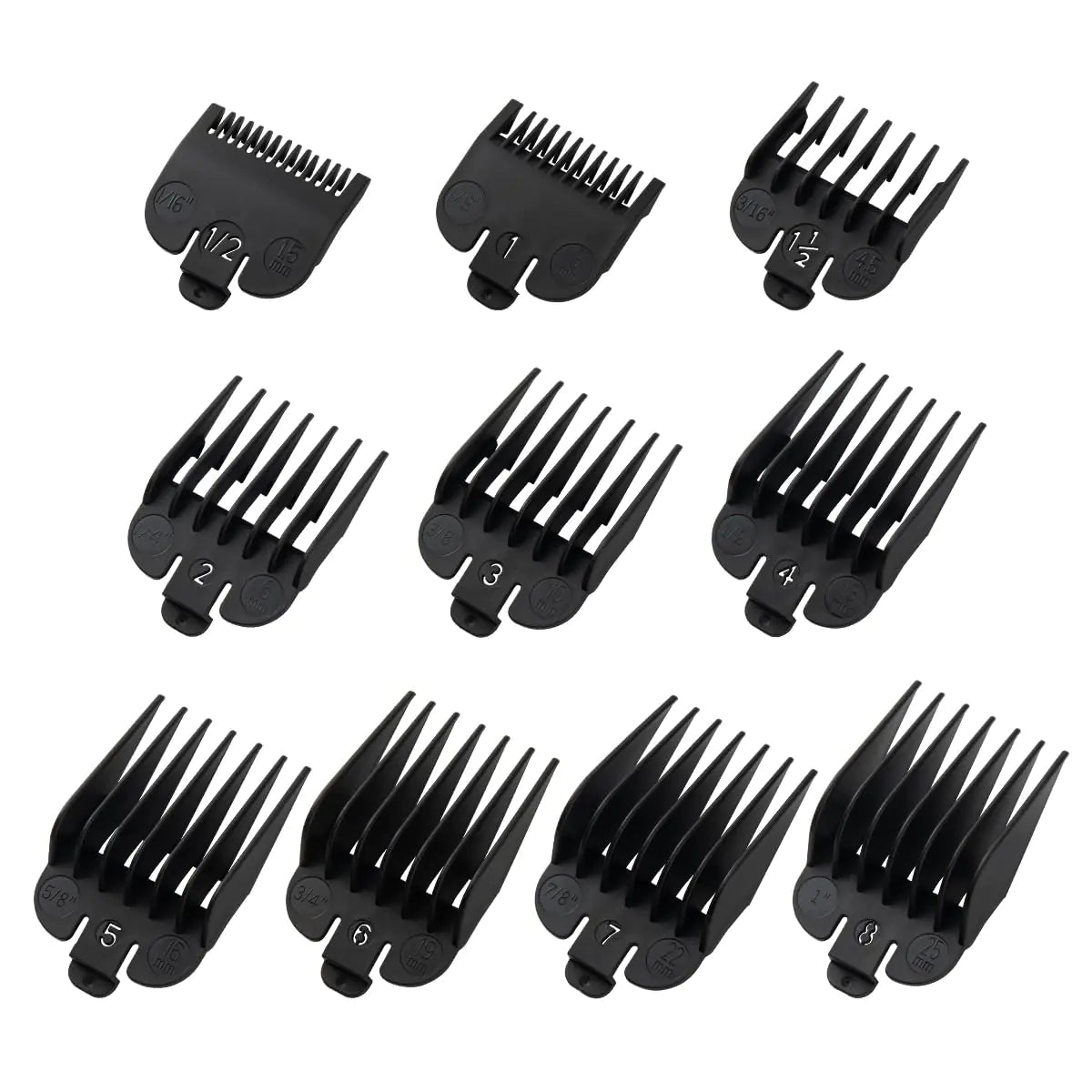Clipper Guards Set Fits for Most - 1/16" to 1" 10 Piece Set Black Color