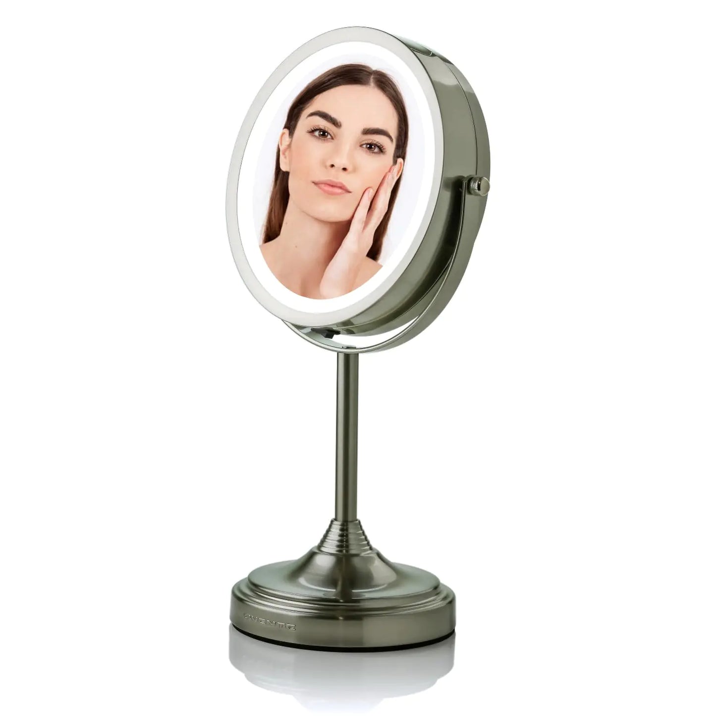 OVENTE 7 Lighted Makeup Mirror with 1X/7X Magnification Cordless Tabletop Mount Vanity Mirror with 360° Swivel Design & Double Sided Glow Cosmetic White LED Ring Light Nickel Brushed MCT70BR1X7X