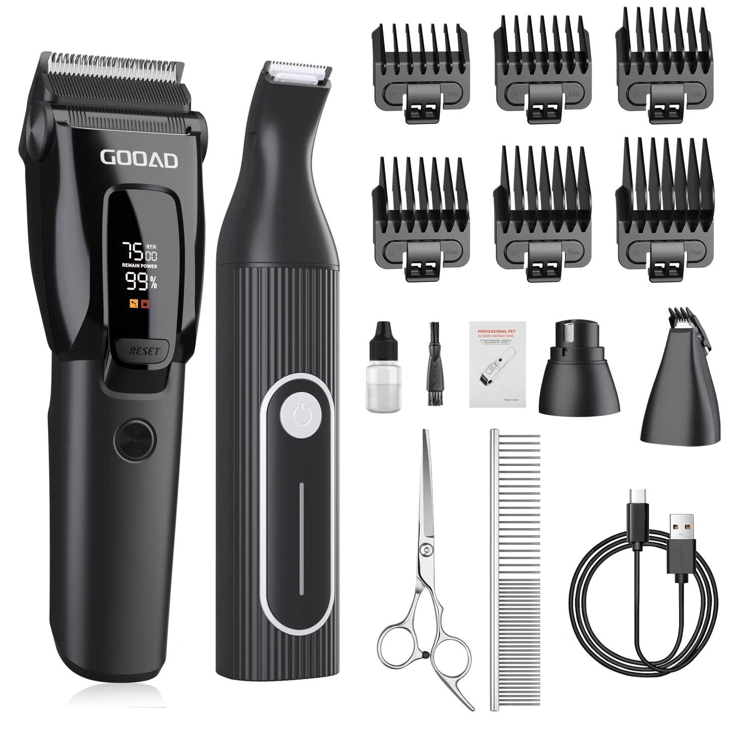 Gooad Grooming Clippers 3-Speed Professional Cordless Quiet Metal Blades Grooming Kit