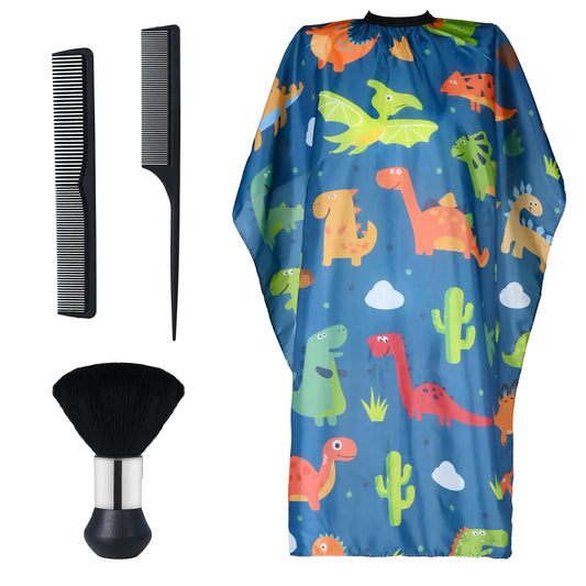 Yafeco Kids Barber Cape and Neck Duster Brush Hair Comb SetToddler Hair Cutting Cape with Adjustable Closure Barber Cape (Dinosaur 4 Piece Set)