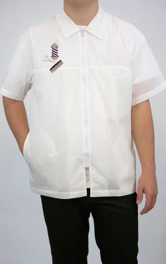 CHARLENE Classic Barber Zip Jacket with Collar and Barber Pole Logo (XL WHITE)