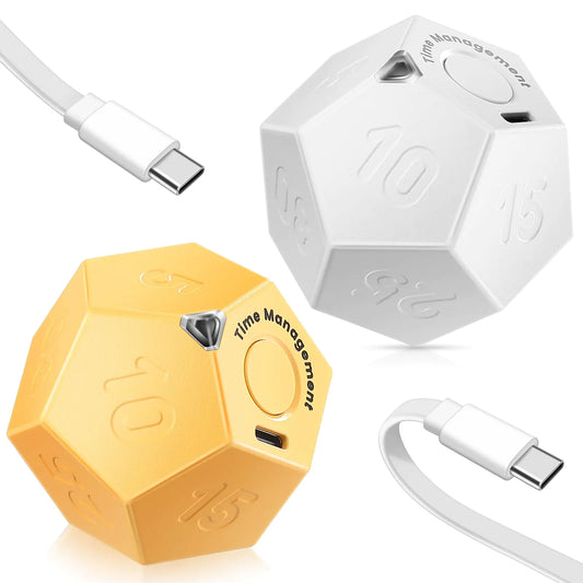Konohan 2 Pcs Cube Timer Rechargeable Mini Pomodoro Timer 11 Preset Time Desk Productivity Timer with Sound Vibrate Light Alarm Flip for Time Management ADHD Workout Study Cooking White and Yellow