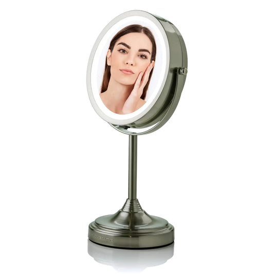 OVENTE 7 Lighted Makeup Mirror with 1X/7X Magnification Cordless Tabletop Mount Vanity Mirror with 360° Swivel Design & Double Sided Glow Cosmetic White LED Ring Light Nickel Brushed MCT70BR1X7X
